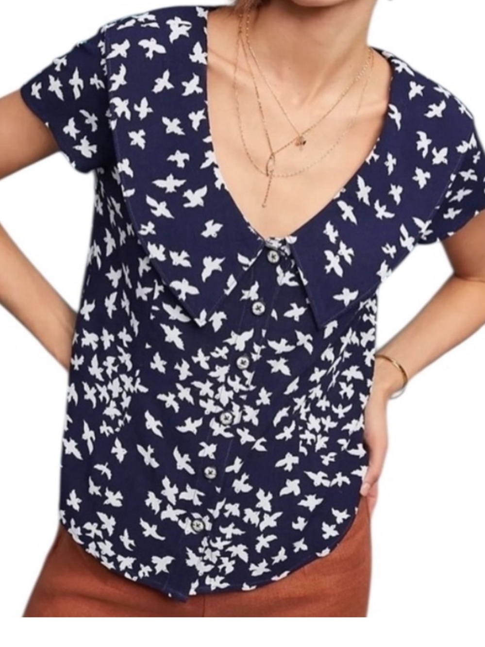 Maeve by  Anthropologie Women’s Navy Blue Printed Button-Front Top